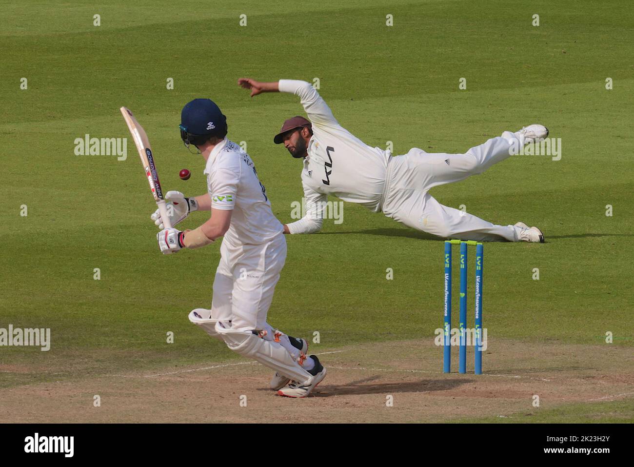 22 September, 2022. London, UK. Yorkshire’s Dom Bess steers one past Ryan Patel as Surrey take on Yorkshire in the County Championship at the Kia Oval, day three David Rowe/Alamy Live News Stock Photo