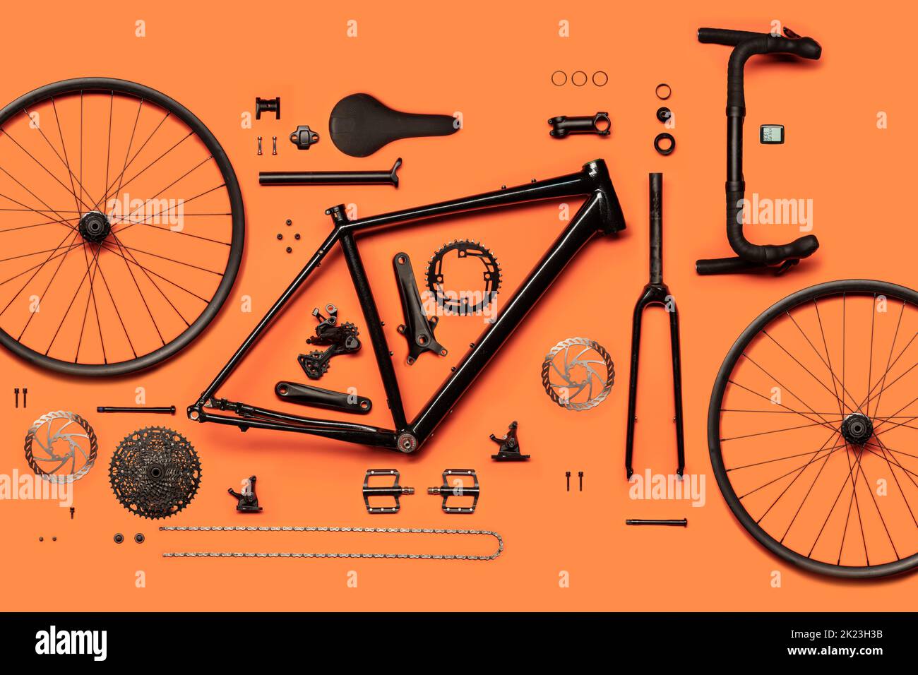 Components of a gravel bike, zenithal and compact view, 10 gear