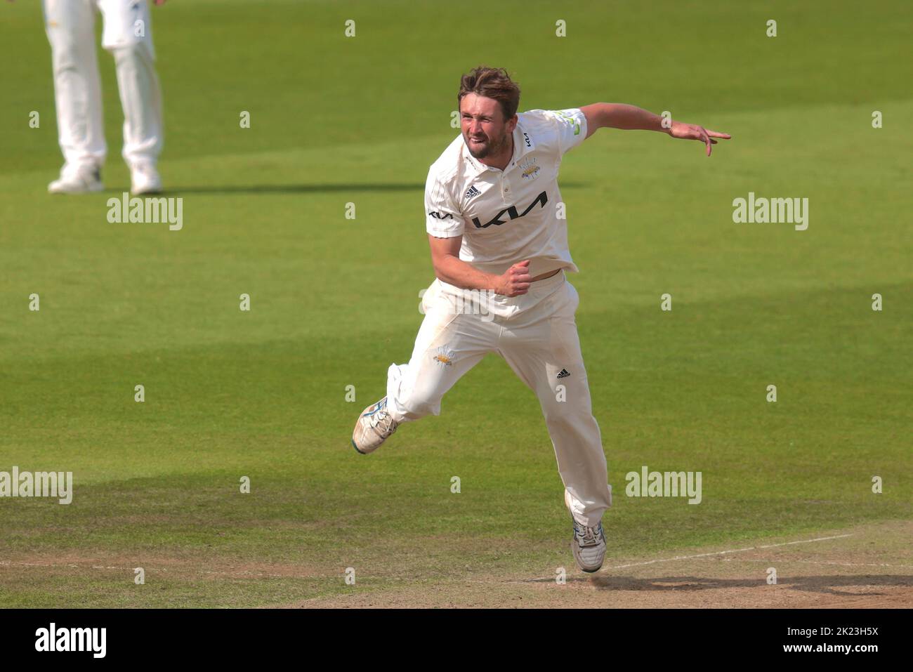 22 September, 2022. London, UK. Surrey’s Cameron Steel bowling as Surrey take on Yorkshire in the County Championship at the Kia Oval, day three David Rowe/Alamy Live News Stock Photo