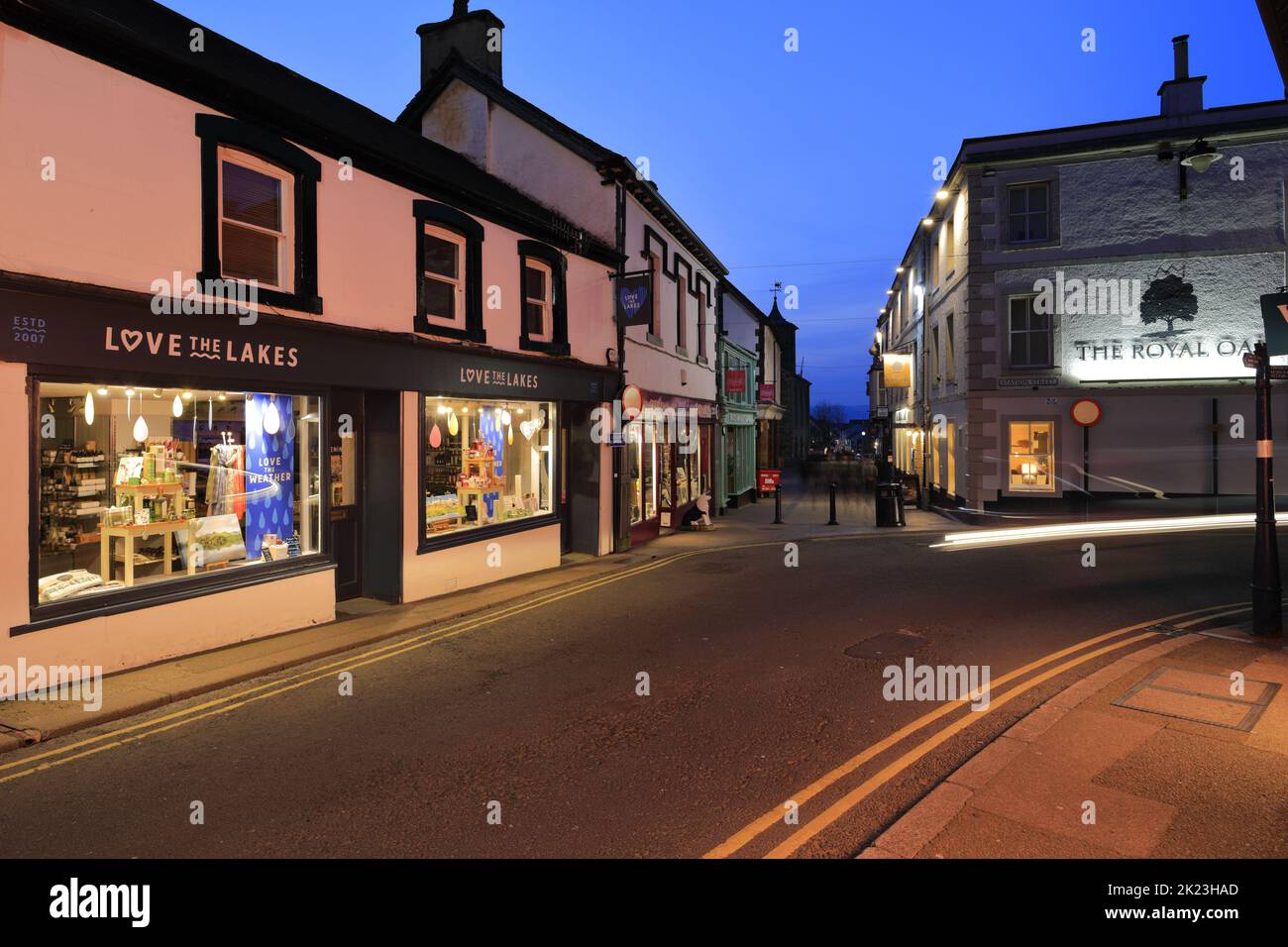 Keswick town at night, Lake District National Park, Cumbria County, England, UK Stock Photo