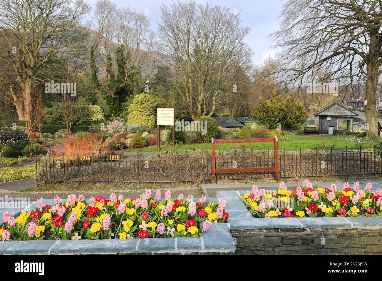 Spring flowers and the war memorial in Upper Fitz Park, Keswick town