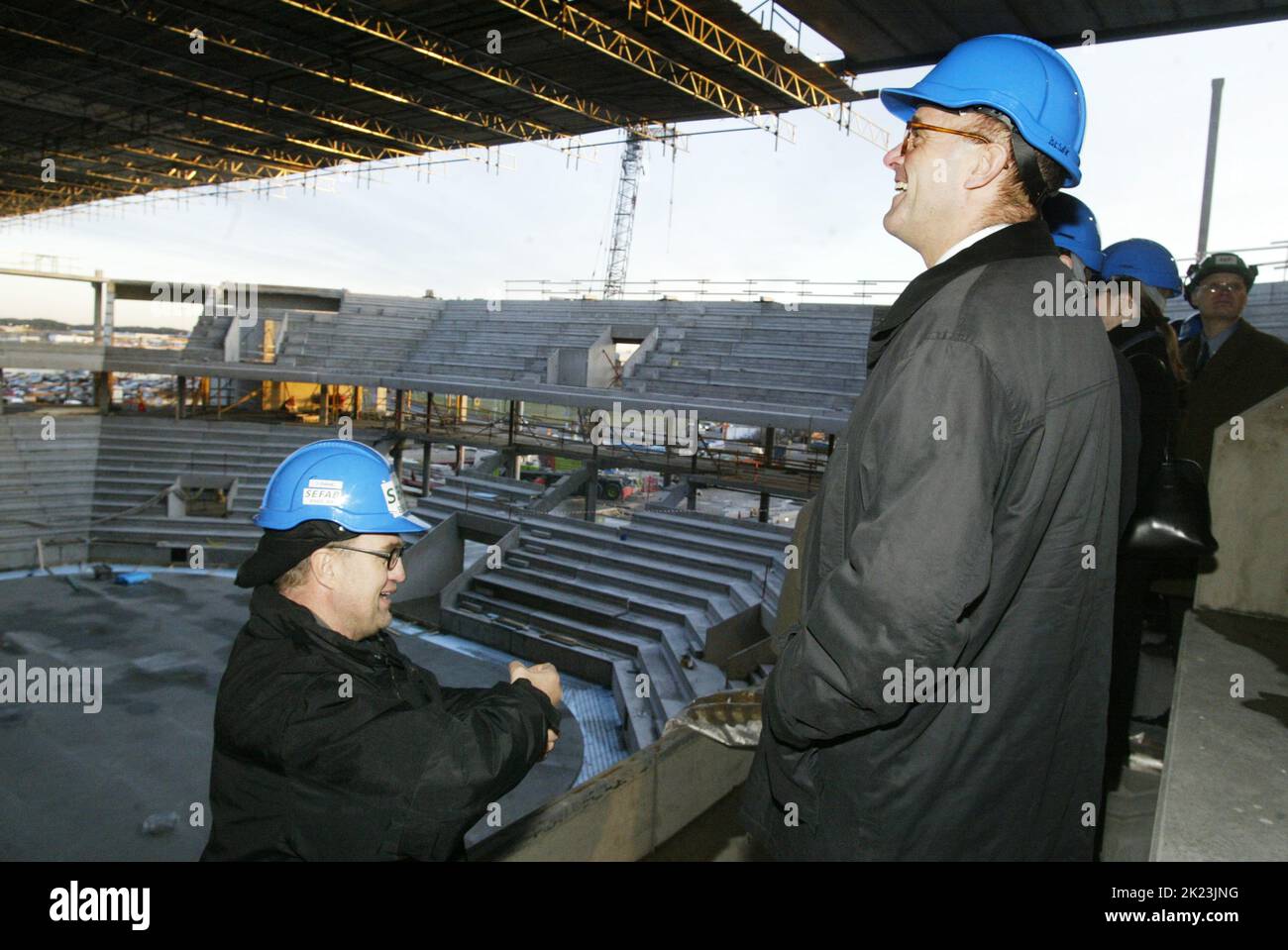 The construction of the new ice hockey arena, Cloetta Center, in Linköping,  Sweden, continues. The Minister for Finance (Swedish: finansminister)  Gunnar Lund (to the right in the picture) visited the construction site