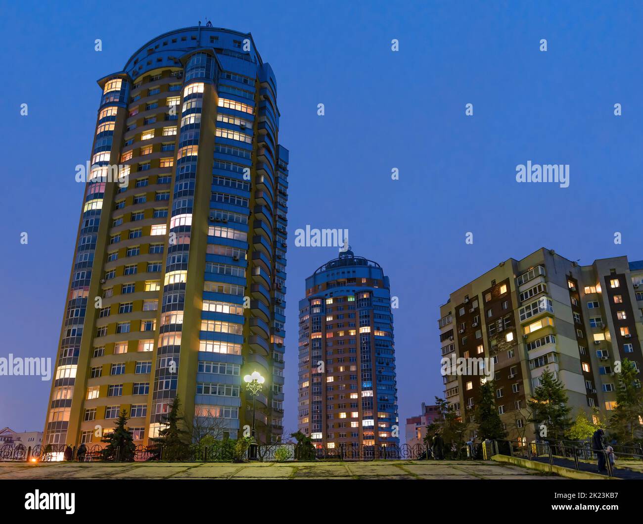 Night view of modern buildings in the Obolon district of Kiev, Ukraine, close to the Dnieper River Stock Photo