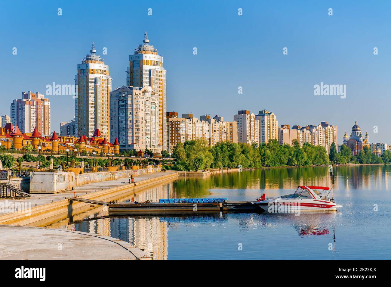 View of residential buildings in Obolonska  Naberezhna , in the Obolon district of Kiev, at dawn Stock Photo