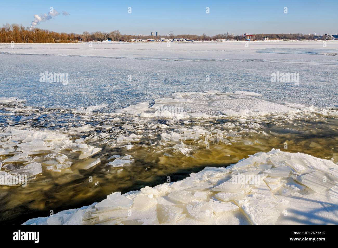 Icy Dnieper River with  blue reflections Stock Photo