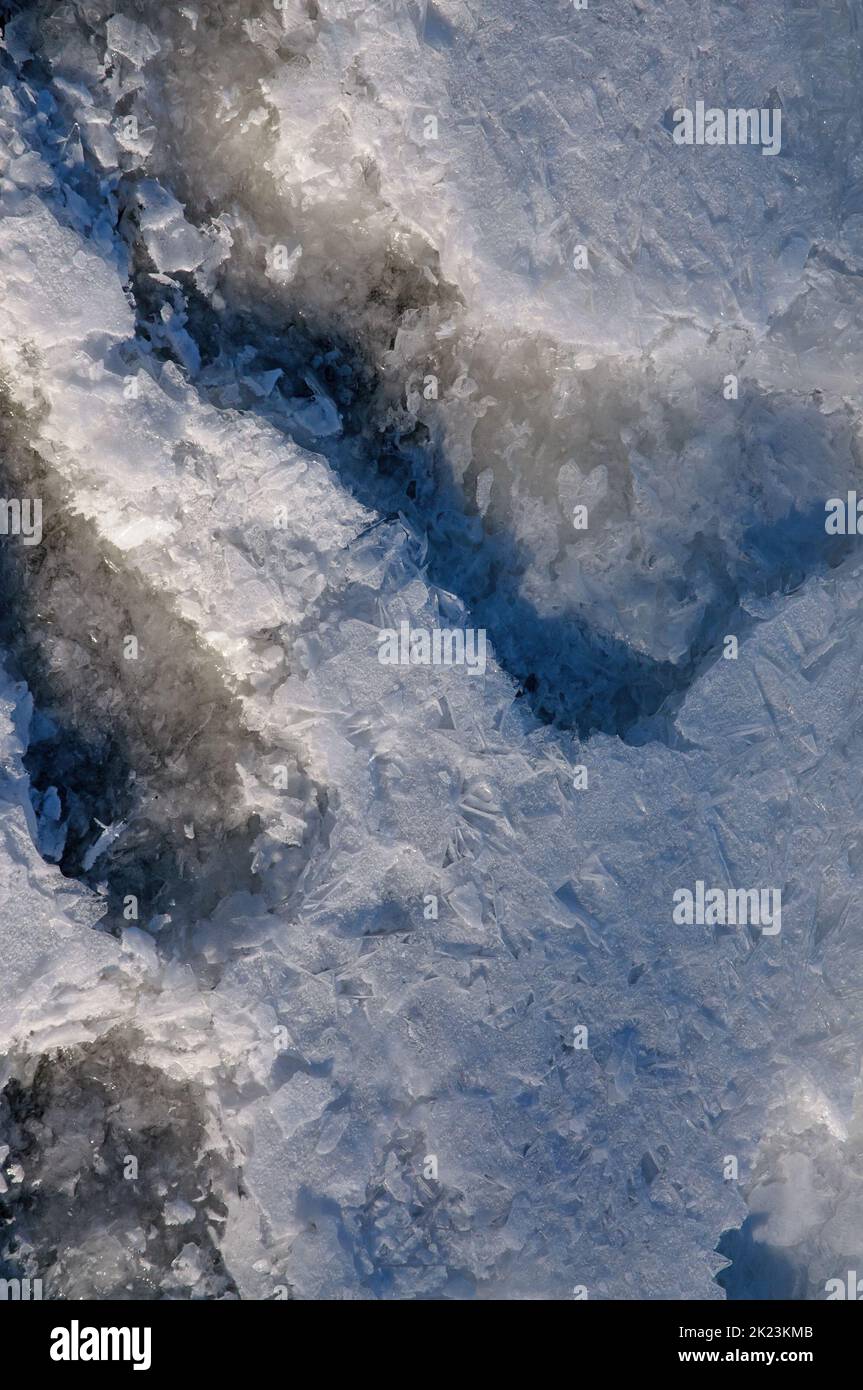 Detail of the frozen Dnieper river in Kiev capital of Ukraine, snow, ice and water creating a nice texture effect Stock Photo