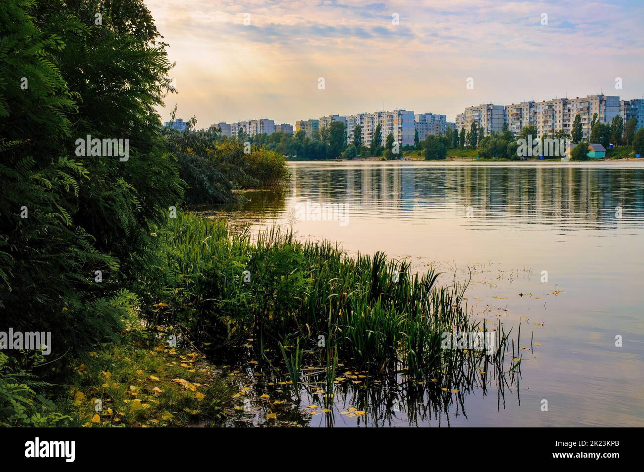 Modern buildings around the Verbne lake in the obolon district of Kiev, Ukraine Stock Photo
