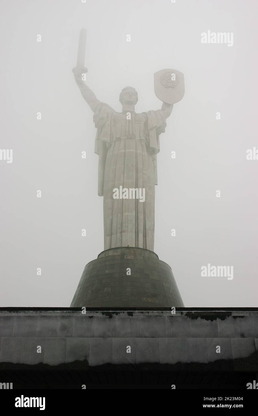 The huge Motherland Statue in Kiev the capital of Ukraine, vanishes in the winter fog Stock Photo