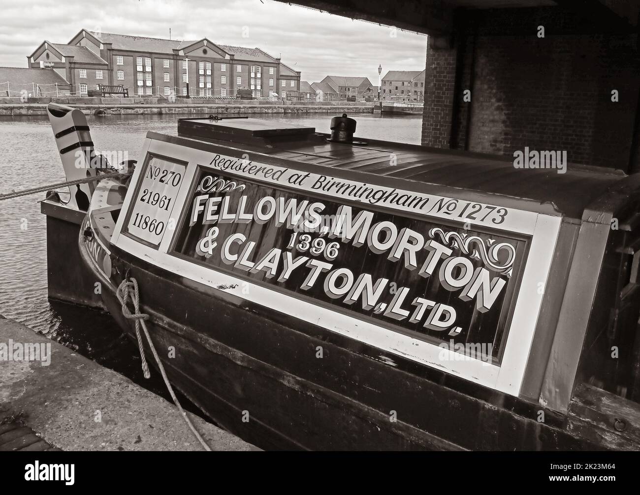 BW - Canal barge, narrowboat, carrying, Fellows Morton, 1396, & , Clayton, Ltd, Registered at Birmingham No1273 Stock Photo