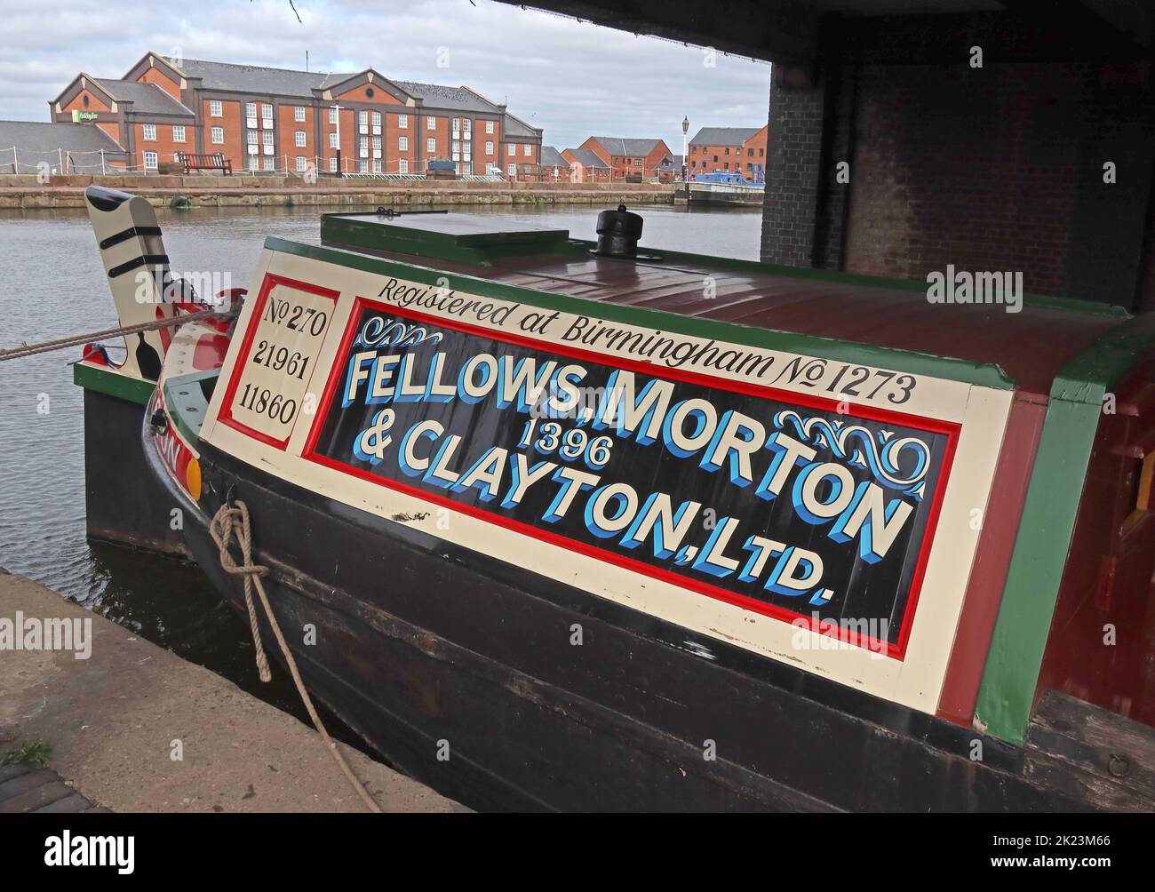 Canal barge, narrowboat, carrying, Fellows Morton, 1396, & , Clayton, Ltd, Registered at Birmingham No1273 Stock Photo