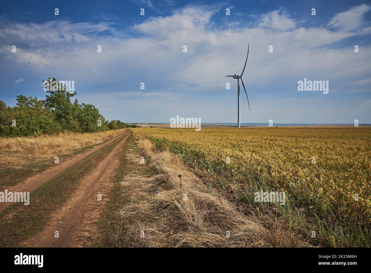 Dirt road in fields where there are wind turbines. Stock Photo