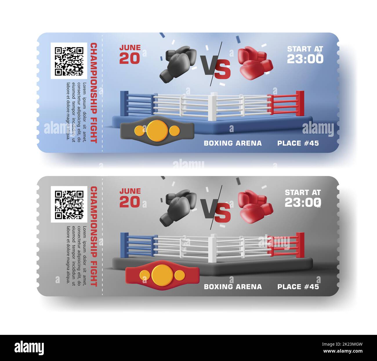 Box match admission tickets with 3d ring, gloves and belt illustration, isolated template Stock