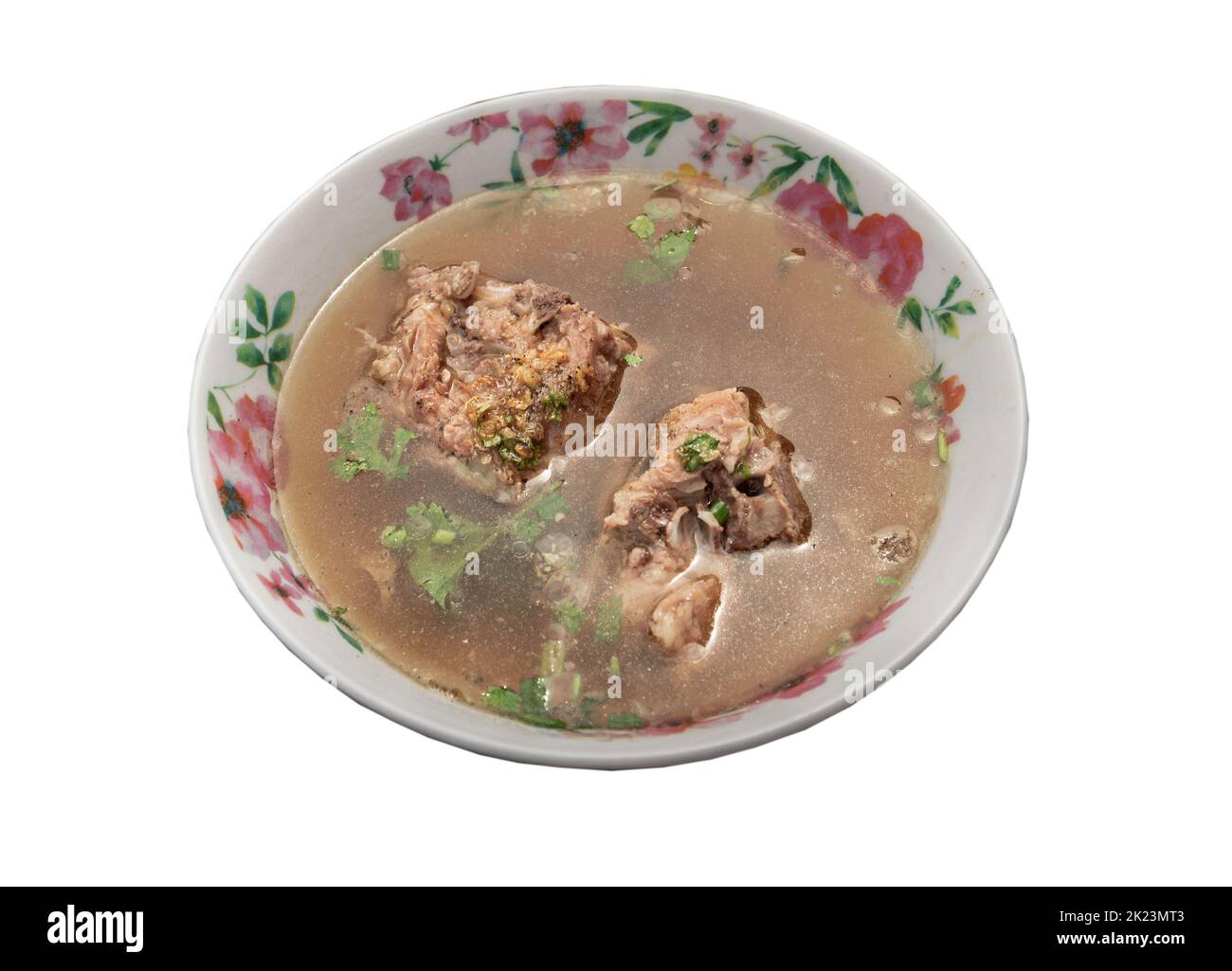 Pork rib soup or Pork bone soup seasoning with soy sauce and pepper sprinkled with coriander in