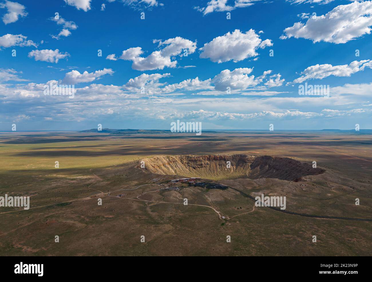 Aerial view of the 50.0000 year old Barringer Crater near Winslow, AZ Stock Photo