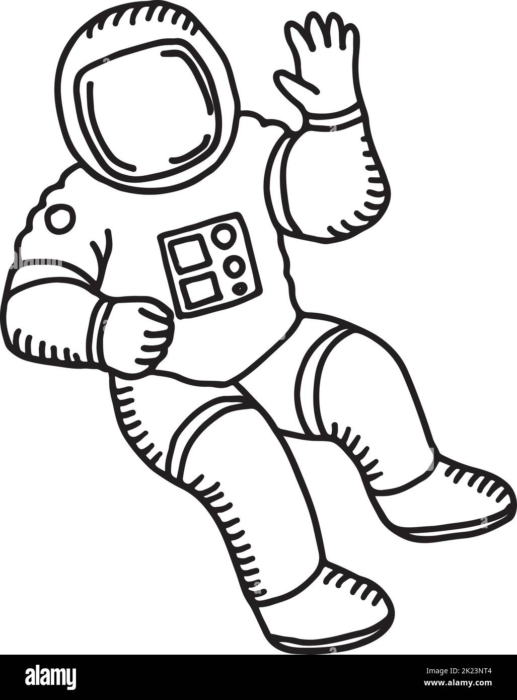 Flying astronaut doodle. Hand drawn spaceman suit Stock Vector