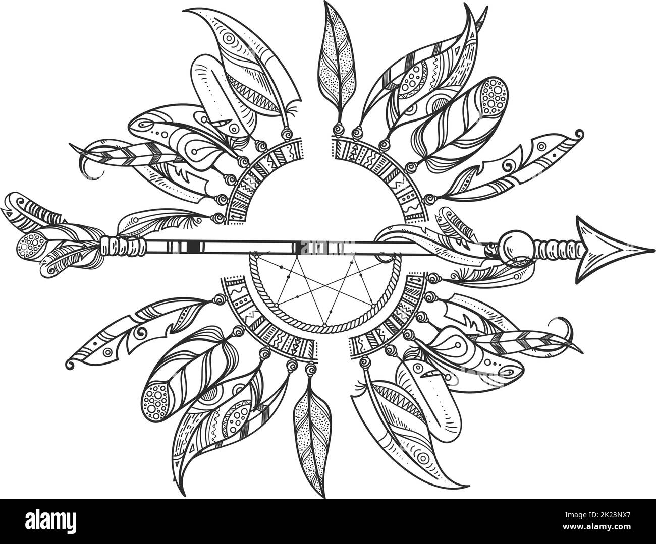 Tribal dreamcatcher with indian arrow. Round feather frame Stock Vector