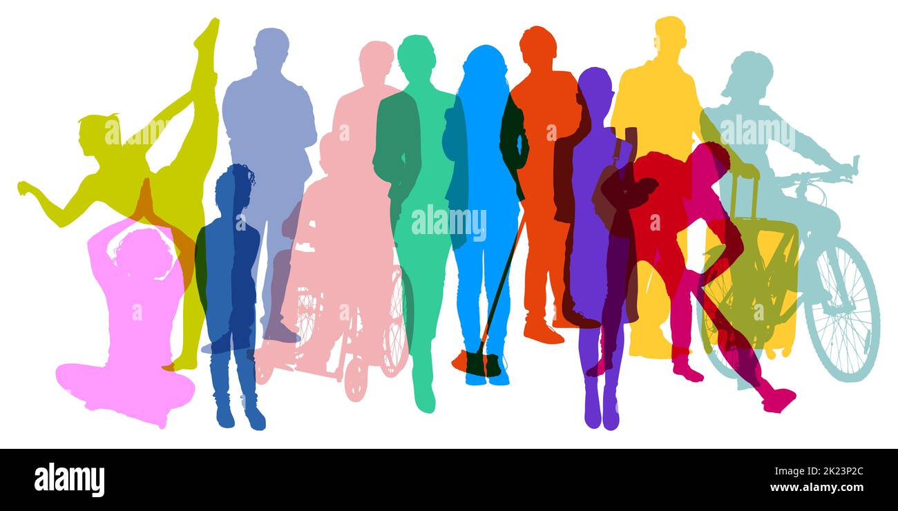 Society and generations concept with many different people as silhouettes Stock Photo