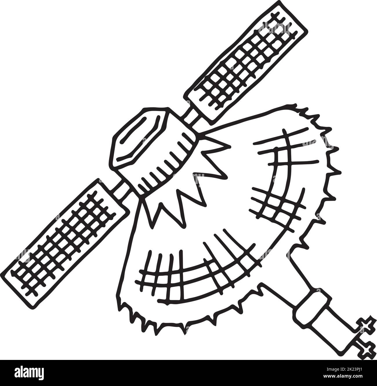Space shuttle sketch. Hand drawn satellite with solar panels Stock Vector