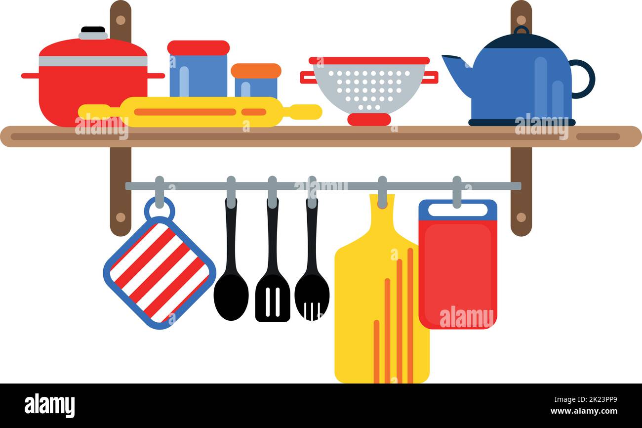 Kitchen equipment on wooden shelves. Flat cooking tools Stock Vector