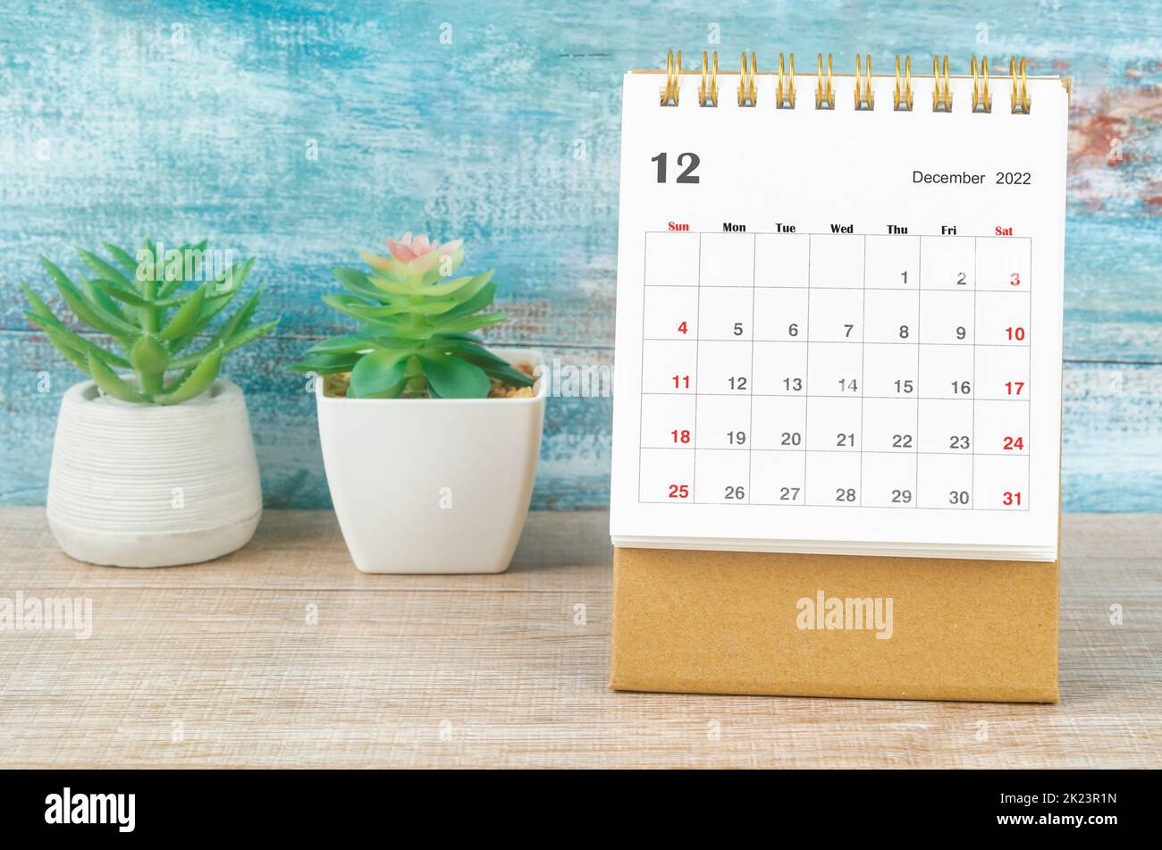 December 2022 Monthly desk calendar for 2022 year with plant pot. Stock Photo
