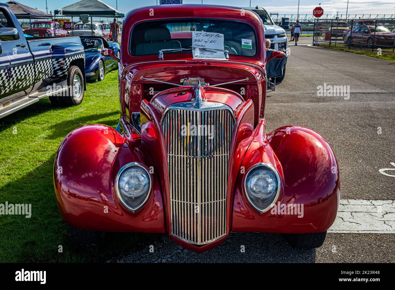 Daytona Beach, FL - November 28, 2020: High perspective front view of a 1937 Chevrolet Master Coupe at a local car show. Stock Photo