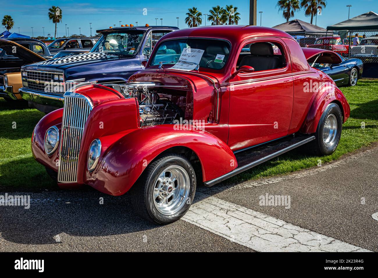 Daytona Beach, FL - November 28, 2020: High perspective front corner view of a 1937 Chevrolet Master Coupe at a local car show. Stock Photo