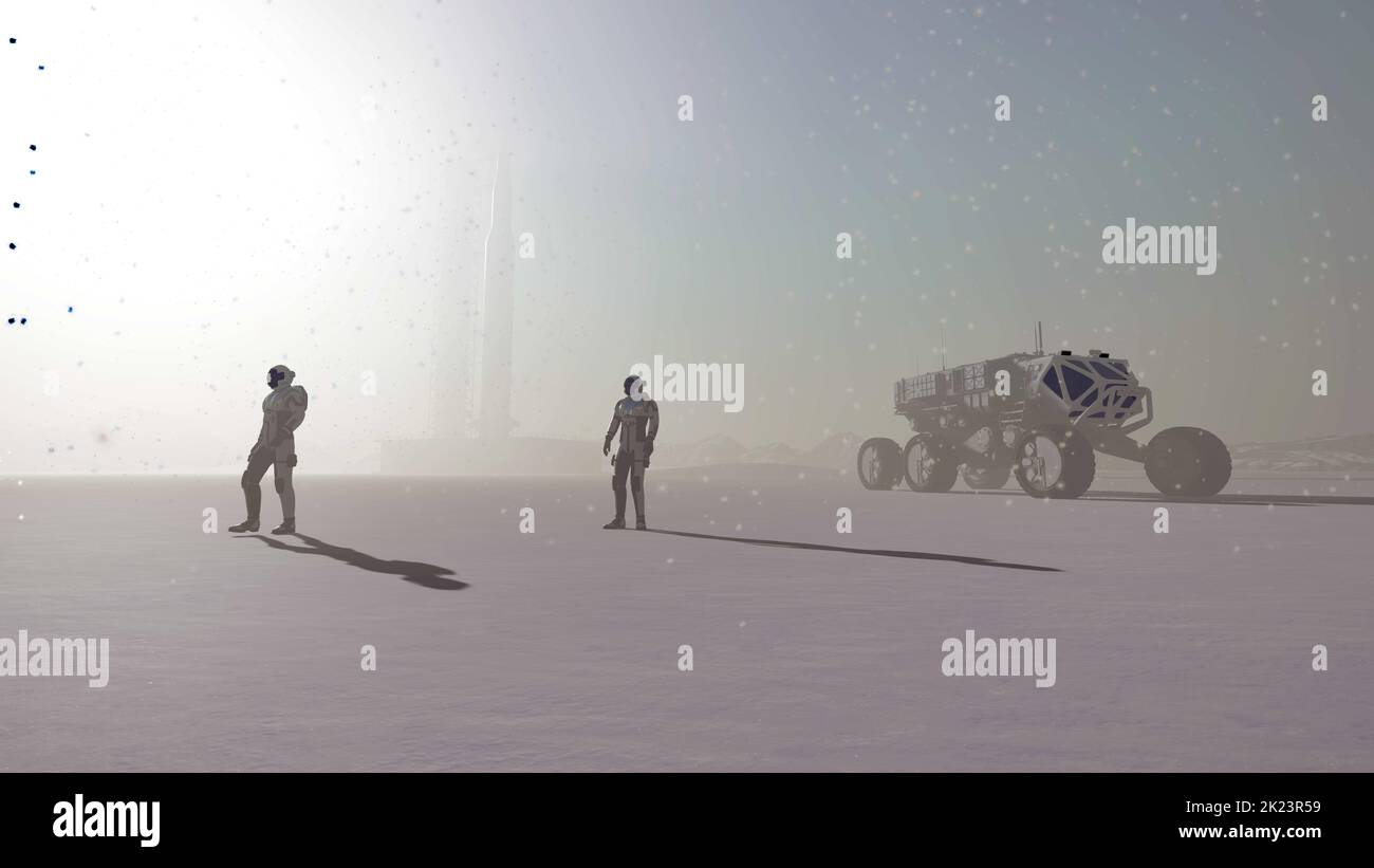 Astronauts on snowy alien winter landscape. Realistic 3D illustration Stock Photo