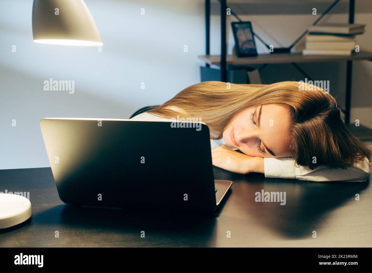 Workaholic lifestyle. Working late. Remote job. Tired business woman