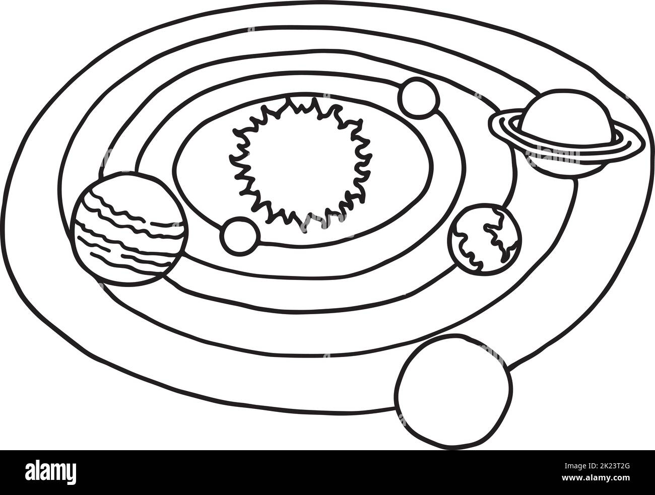 Solar system doodle. Hand drawn sun and planets Stock Vector