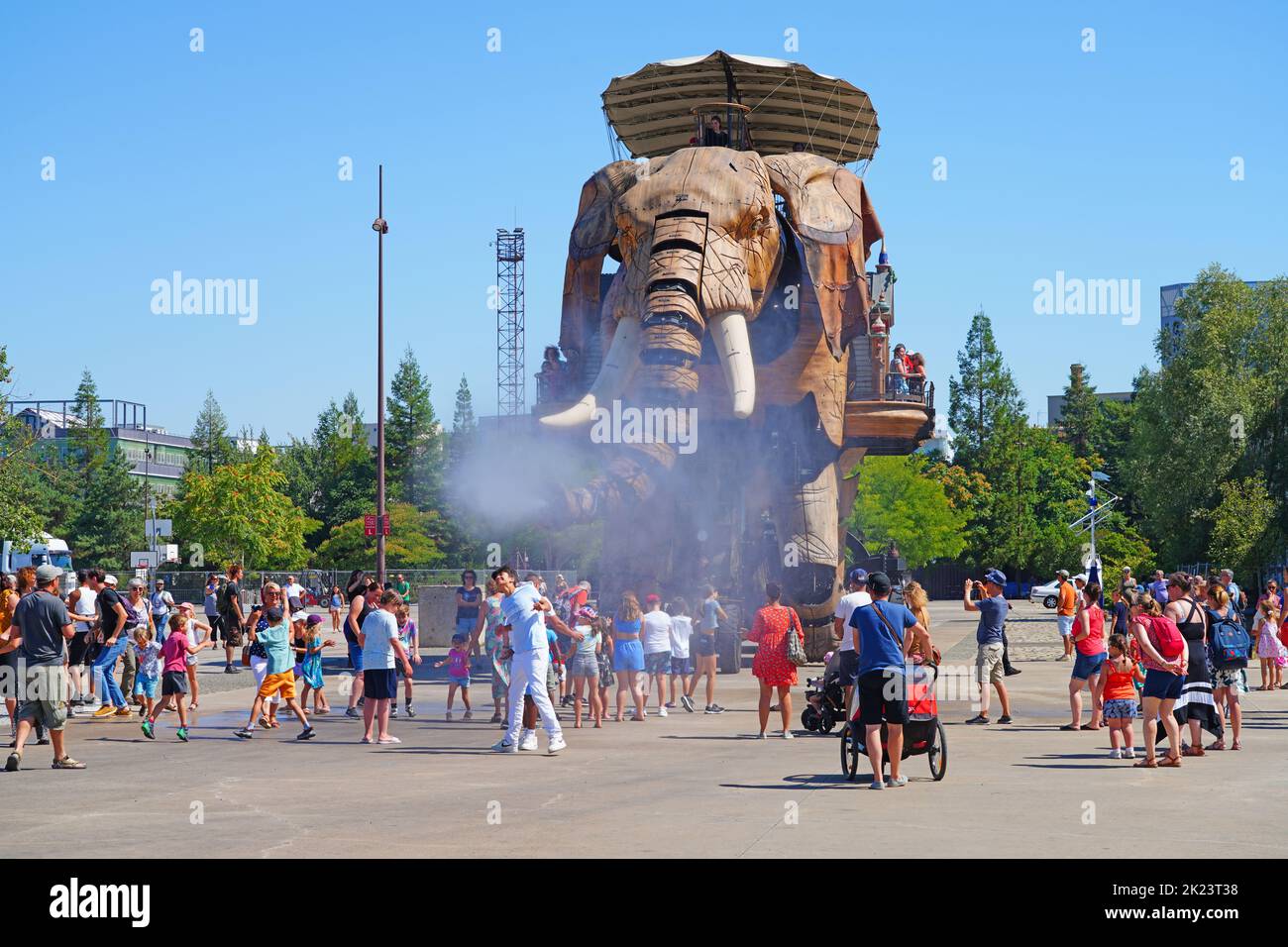 NANTES, FRANCE -10 AUG 2022- View of the Great Elephant, a giant wooden mechanical elephant at the Machines of the Isle of Nantes, France. Stock Photo