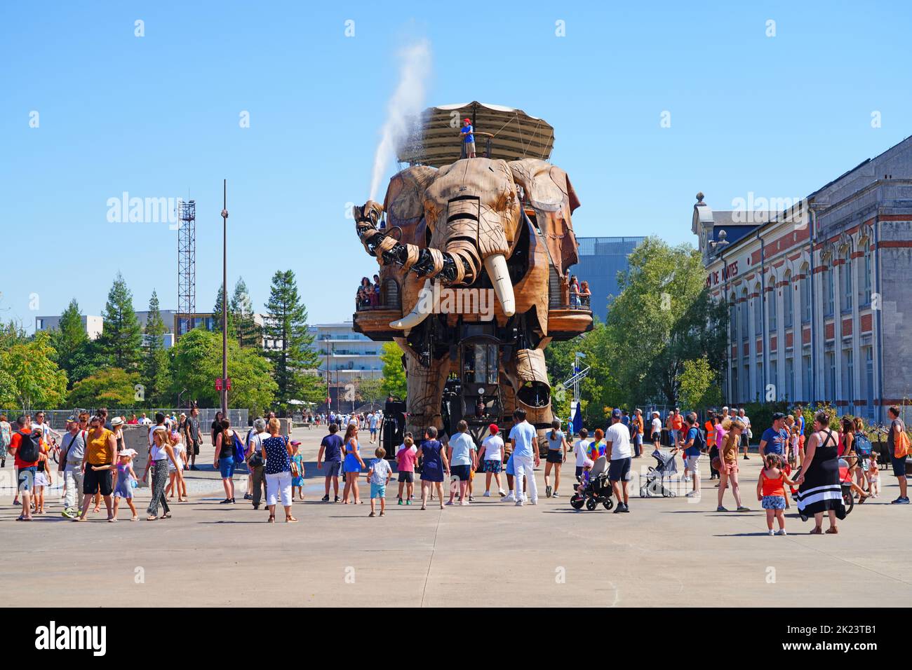 NANTES, FRANCE -10 AUG 2022- View of the Great Elephant, a giant wooden mechanical elephant at the Machines of the Isle of Nantes, France. Stock Photo