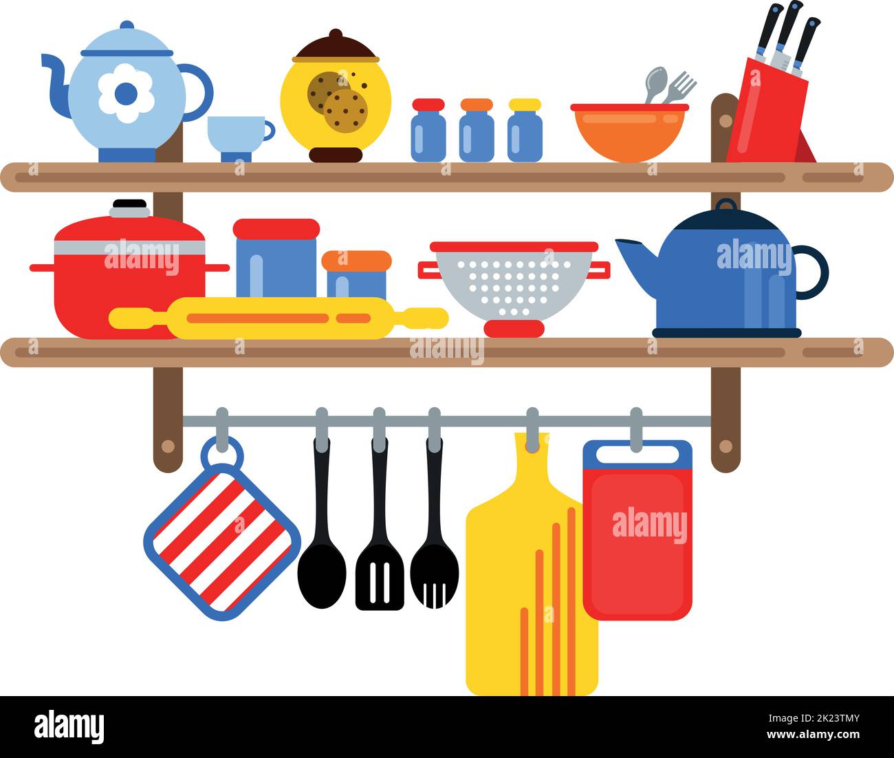 Kitchen shelves with dishes and tools. Cooking equipment Stock Vector