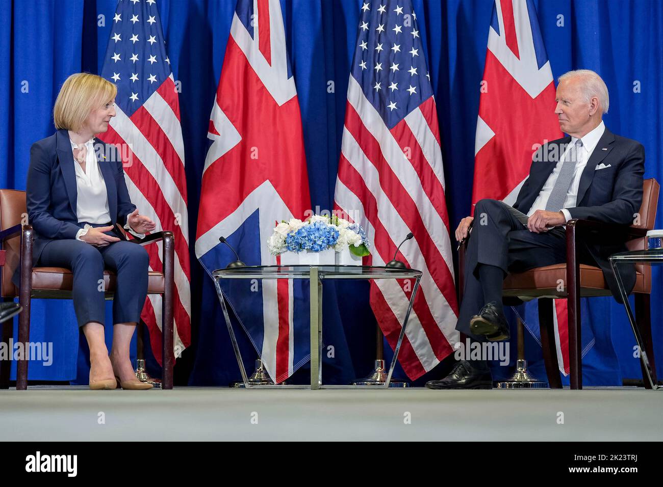 New York City, United States. 21st Sep, 2022. U.S. President Joe Biden during a bilateral meeting with the new British Prime Minister Liz Truss, left, on the sidelines of the 77th Session of the U.N General Assembly, September 21, 2022, in New York City. Credit: Adam Schultz/White House Photo/Alamy Live News Stock Photo