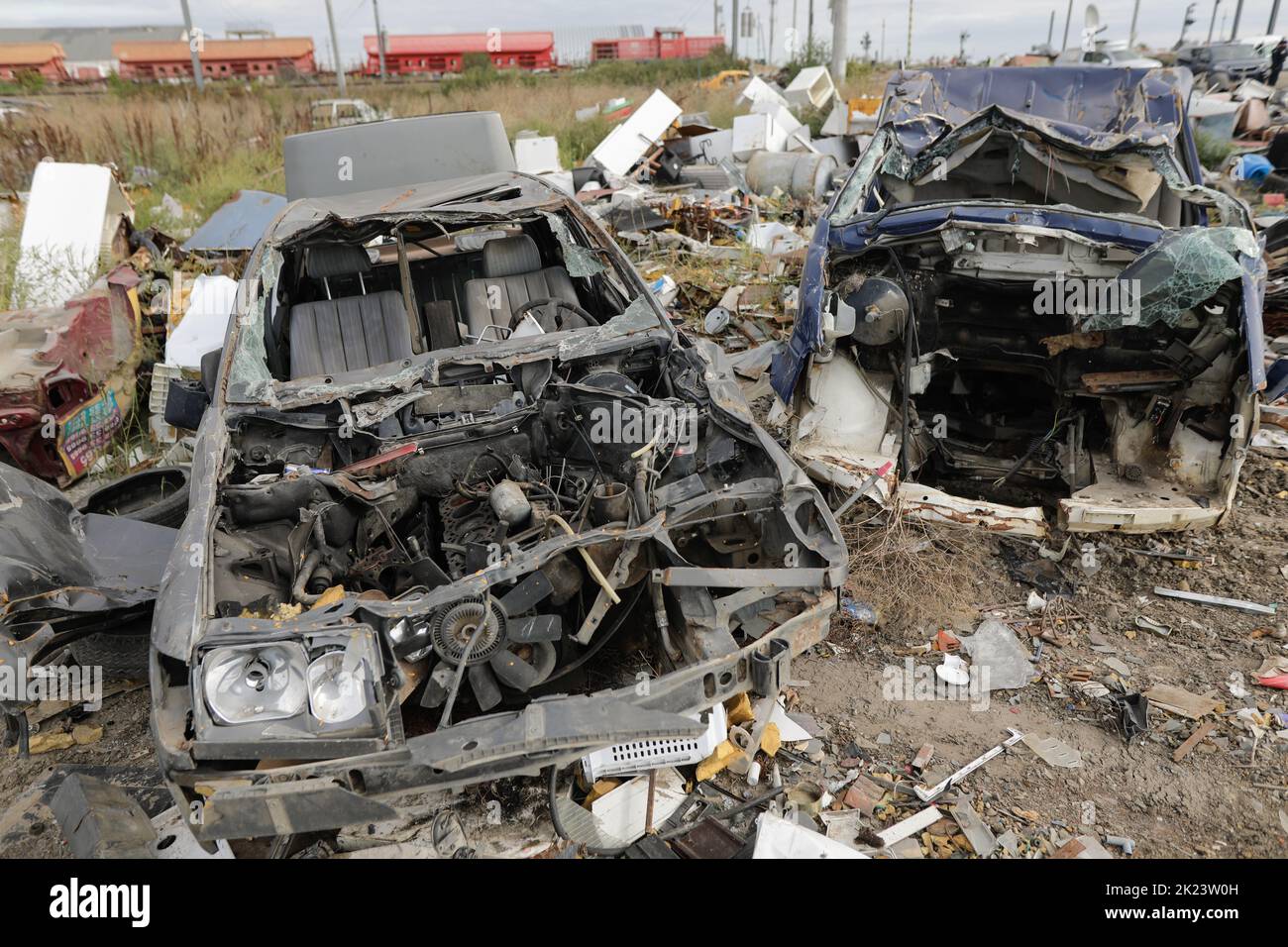Sarulesti, Romania - September 22, 2022: Details with destroyed cars or car parts in a makeshift scrap yard. Stock Photo