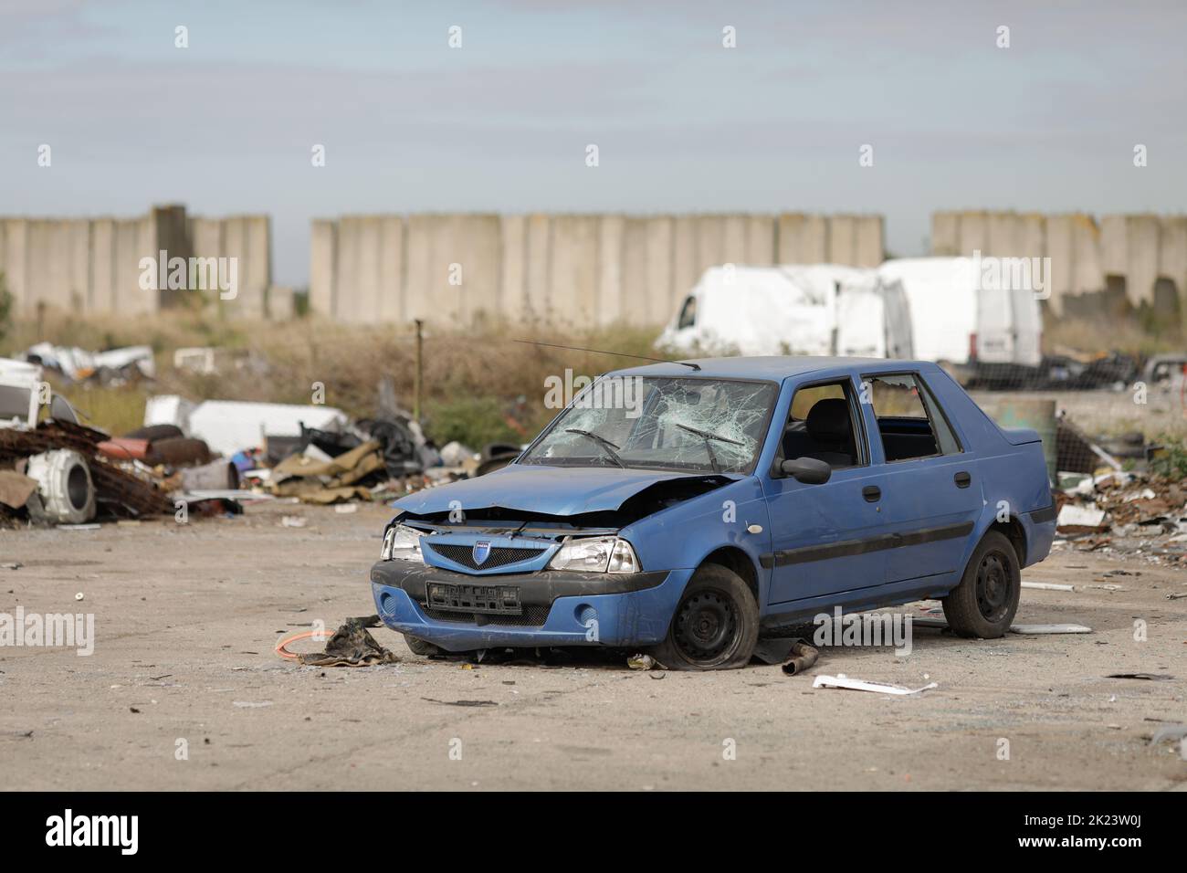 Sarulesti, Romania - September 22, 2022: Details with destroyed cars or car parts in a makeshift scrap yard. Stock Photo