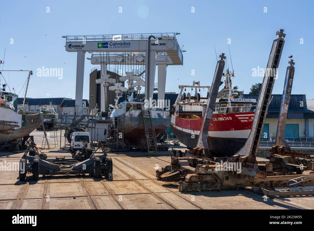 The new motorised boat lift at Port-en-Bessin, Normandy Stock Photo
