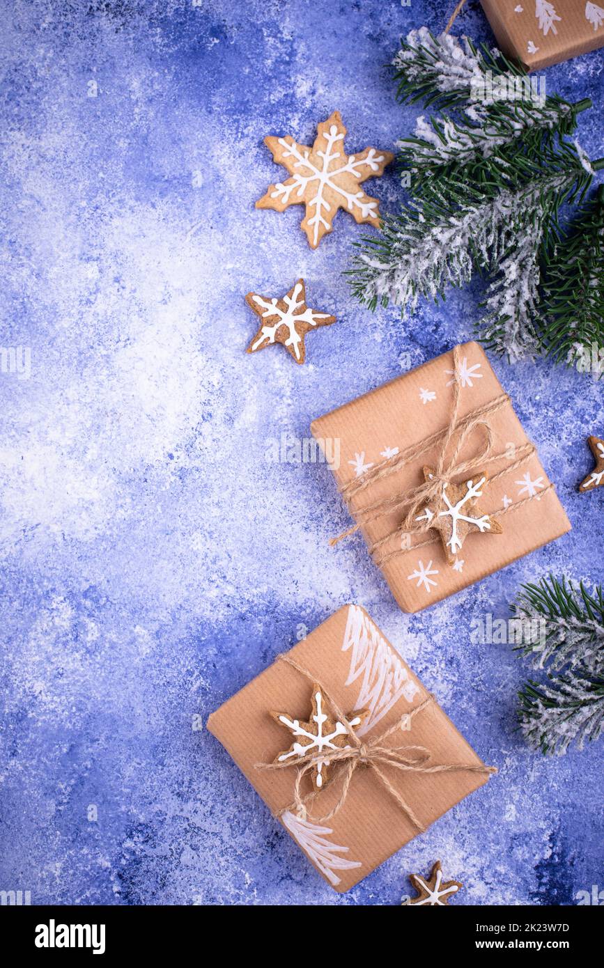 Christmas gift boxes on blue background Stock Photo