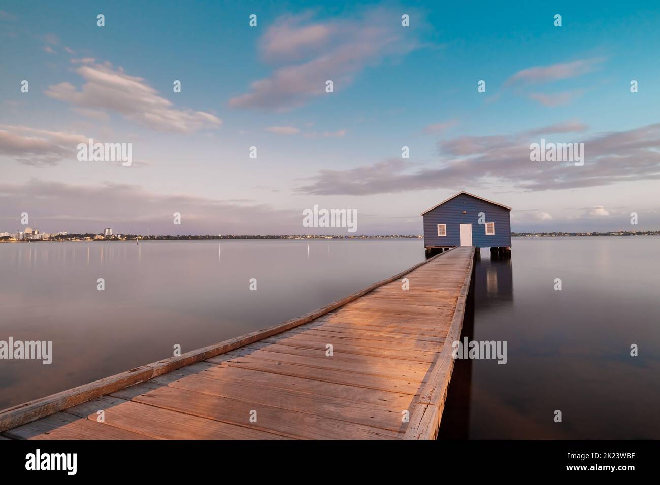 Side angle of Blue boat house in Perth, Western Australia Stock Photo