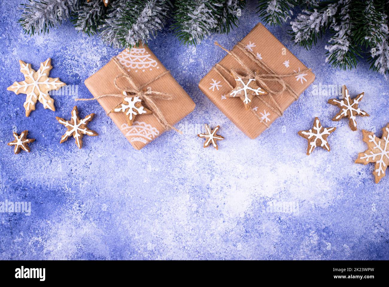Christmas gift boxes on blue background Stock Photo