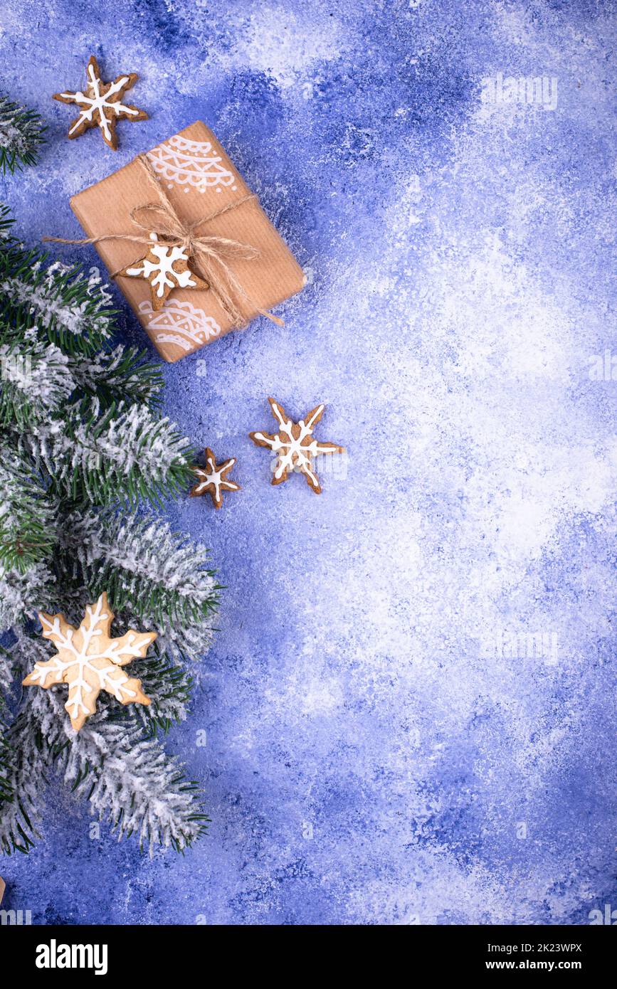 Christmas gift boxes on blue background Stock Photo