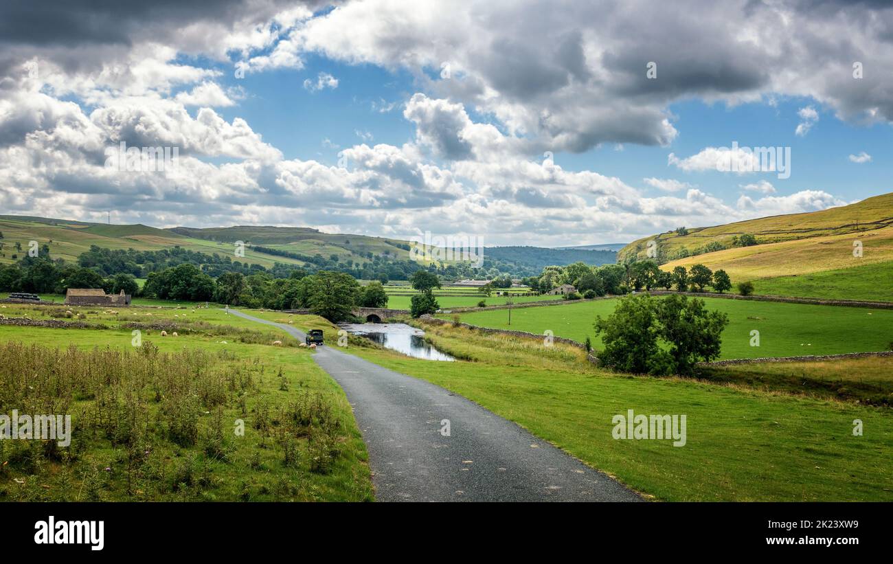 View from Littondale looking into Wharfedale at one of the film locations for the new All Creatures Great And Small series, Kilnsey, Yorkshire Dales N Stock Photo