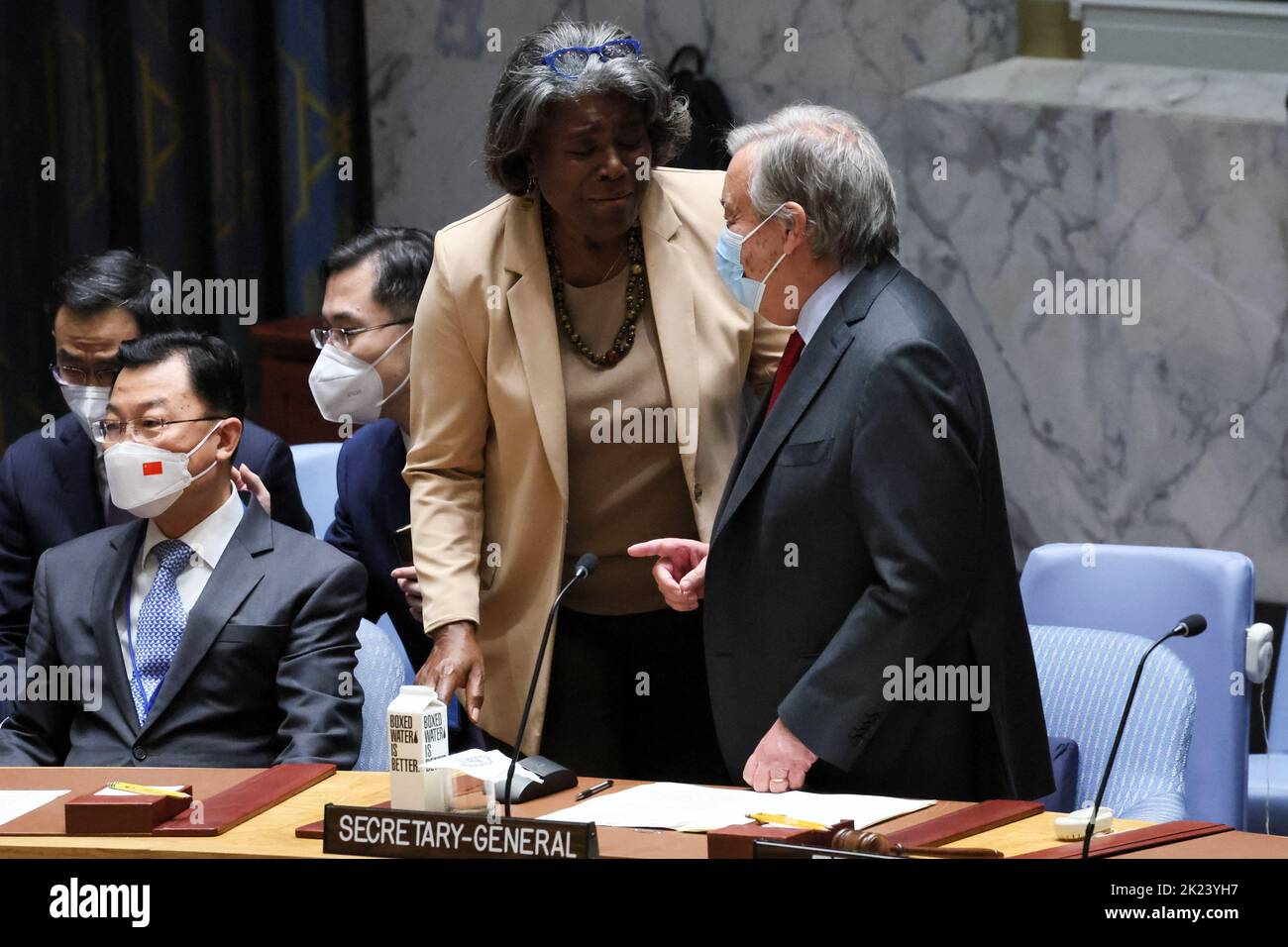 U.S. Ambassador to the UN Linda Thomas-Greenfield and United Nations Secretary General Antonio Guterres attend a high level meeting of the United Nations Security Council on the situation amid Russia's invasion of Ukraine, at the 77th Session of the United Nations General Assembly at U.N. Headquarters in New York City, U.S., September 22, 2022. REUTERS/Brendan McDermid Stock Photo