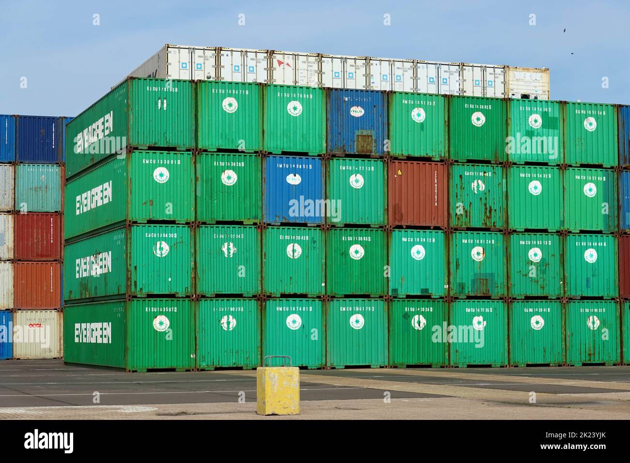 Felixstowe, Suffolk, UK - 22 September 2022 : Containers stacked at the port. Stock Photo