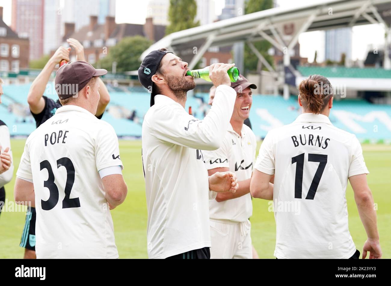 Surrey's Ben Foakes celebrates after winning the LV= Insurance County Championship division one at The Oval, London. Picture date: Thursday September 22, 2022. Stock Photo