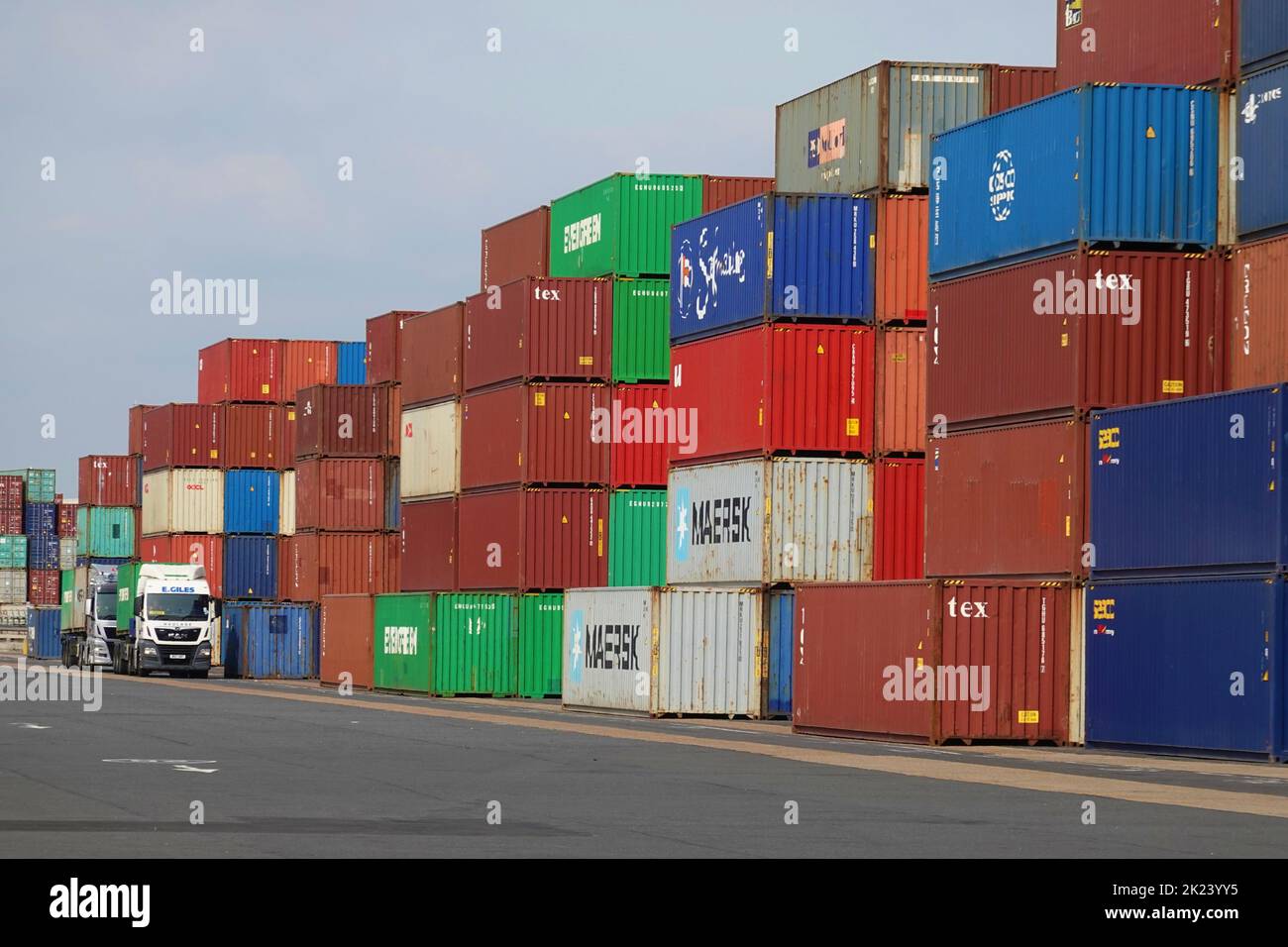 Felixstowe, Suffolk, UK - 22 September 2022 : Containers stacked at the port. Stock Photo
