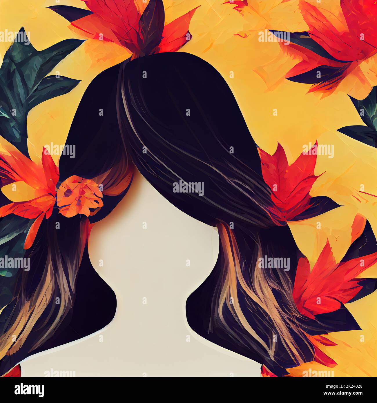 Faceless girl with autumn leaves illustration. Digital illustration ...