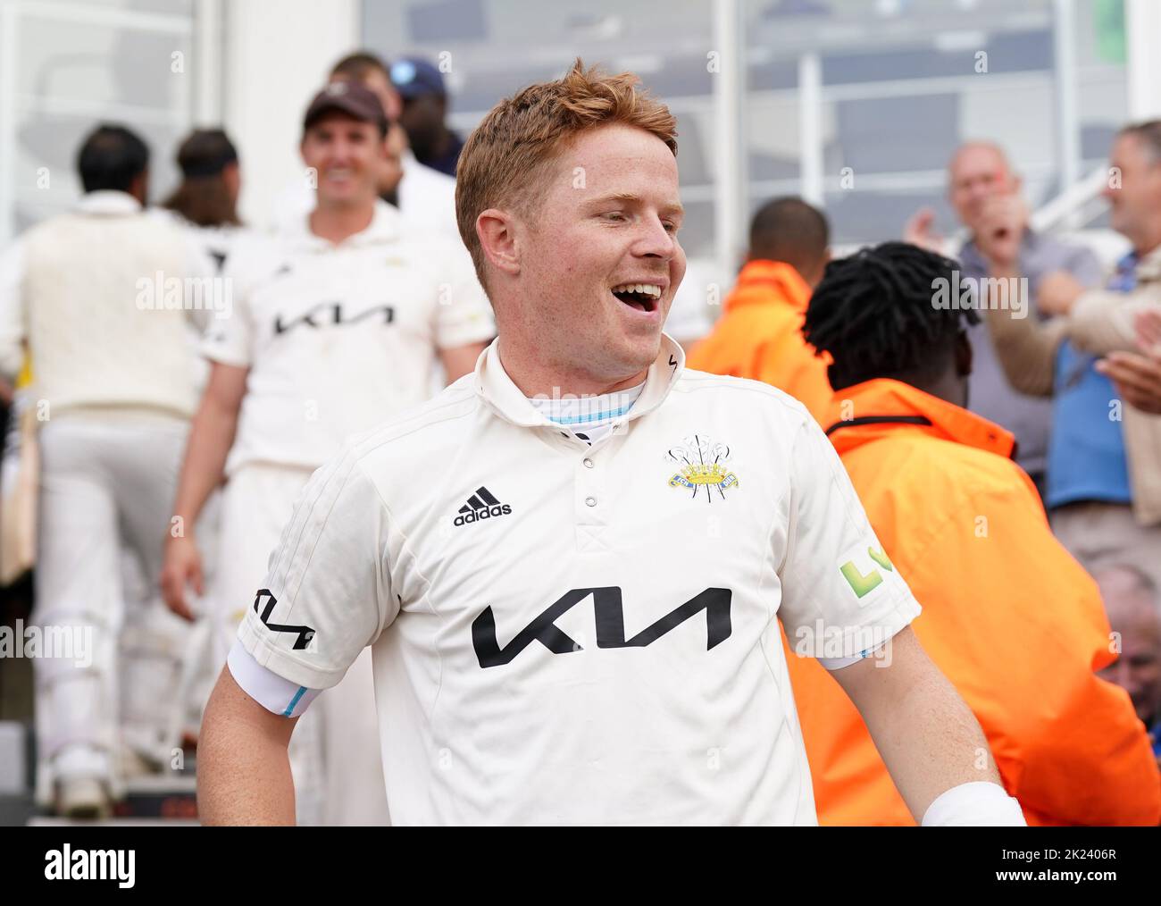 Surrey's Ollie Pope celebrates after winning the LV= Insurance County Championship division one at The Oval, London. Picture date: Thursday September 22, 2022. Stock Photo