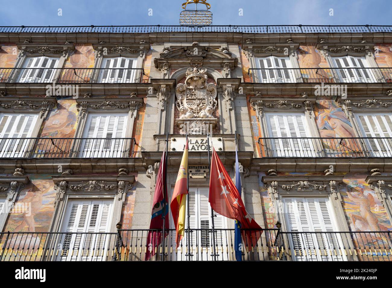 Madrid, Spain, September 2022. details of the historic palaces in the Plaza Major in the city center Stock Photo