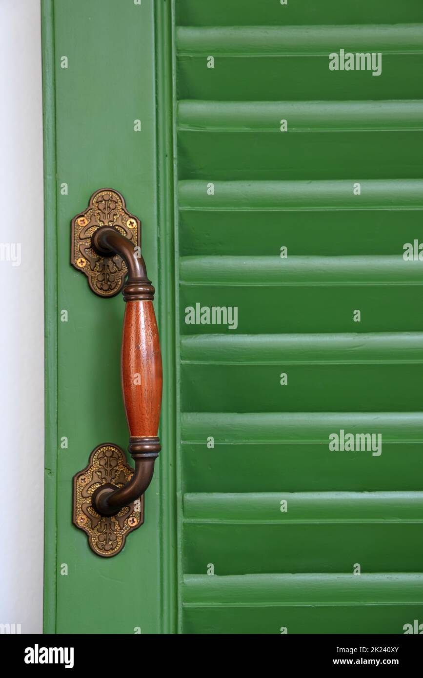 Beautiful Exterior wooden door handle on wood green door, Steel and