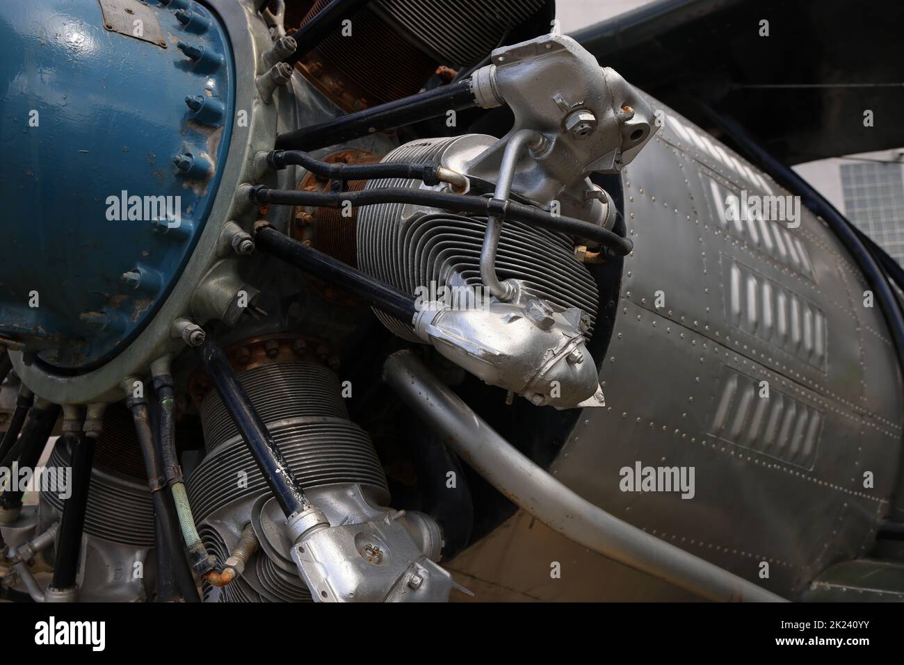 closeup Airplane cylinder engine, Vintage Airplane engine. Stock Photo